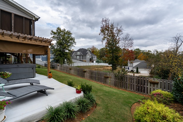 view of yard featuring fence private yard, a patio, and stairs