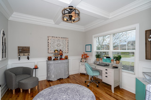 office area featuring a wainscoted wall and light wood finished floors