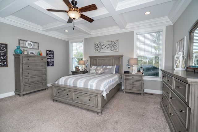 bedroom with light colored carpet, coffered ceiling, baseboards, ornamental molding, and beam ceiling