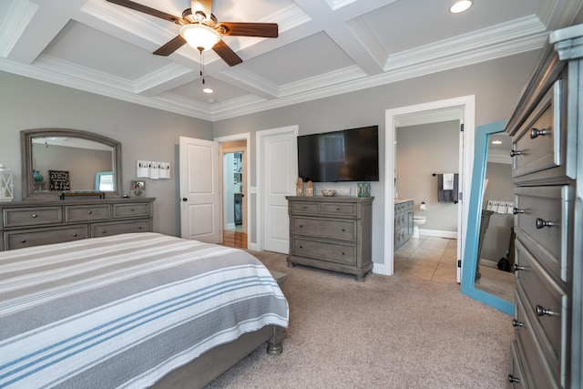 bedroom with beam ceiling, recessed lighting, light colored carpet, coffered ceiling, and baseboards