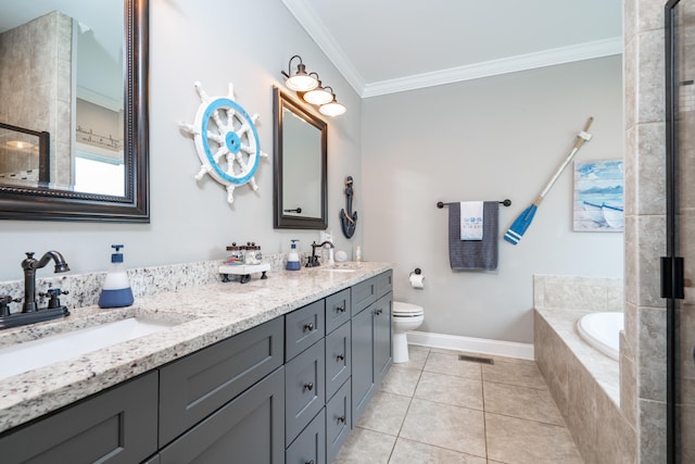 full bath featuring baseboards, tile patterned flooring, ornamental molding, and a sink