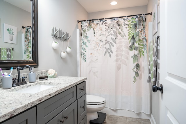 full bathroom featuring shower / tub combo, toilet, tile patterned flooring, vanity, and recessed lighting