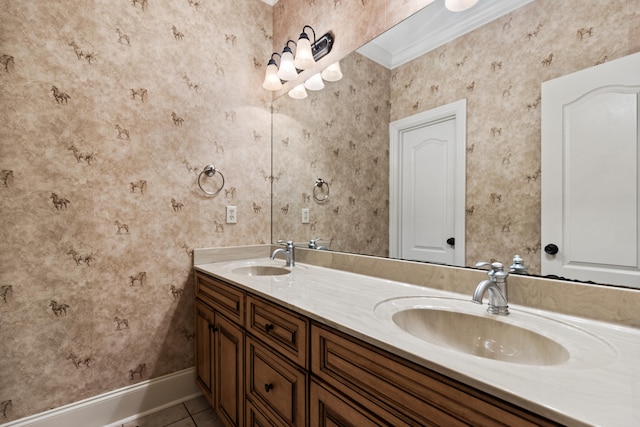 bathroom with ornamental molding, vanity, and tile patterned floors