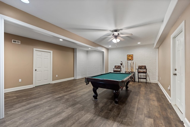 game room featuring billiards, brick wall, dark wood-type flooring, and ceiling fan