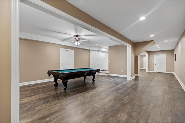 rec room with billiards, dark hardwood / wood-style floors, and ceiling fan