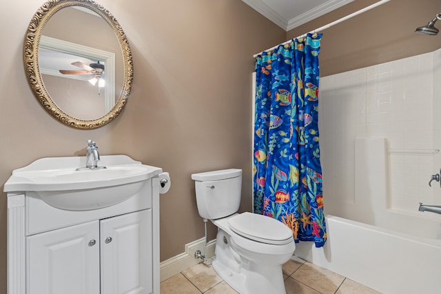 full bathroom with tile patterned flooring, shower / bath combination with curtain, ornamental molding, vanity, and toilet