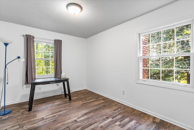 spare room featuring a textured ceiling, a healthy amount of sunlight, and dark hardwood / wood-style floors