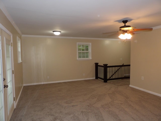 spare room featuring ceiling fan, carpet, and crown molding