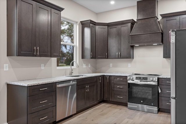 kitchen featuring sink, appliances with stainless steel finishes, custom range hood, and plenty of natural light