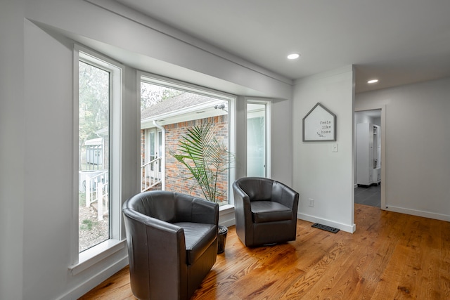 sitting room featuring a healthy amount of sunlight and light hardwood / wood-style flooring