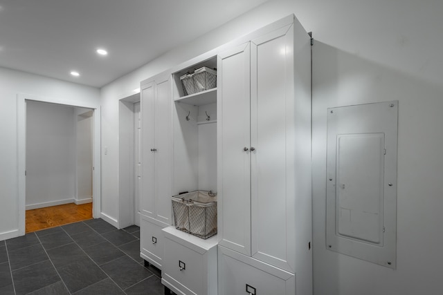 mudroom featuring electric panel and dark hardwood / wood-style floors