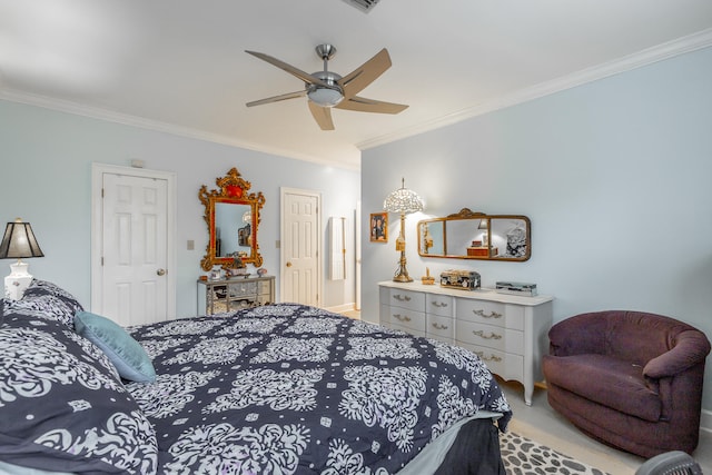 carpeted bedroom featuring ceiling fan and crown molding