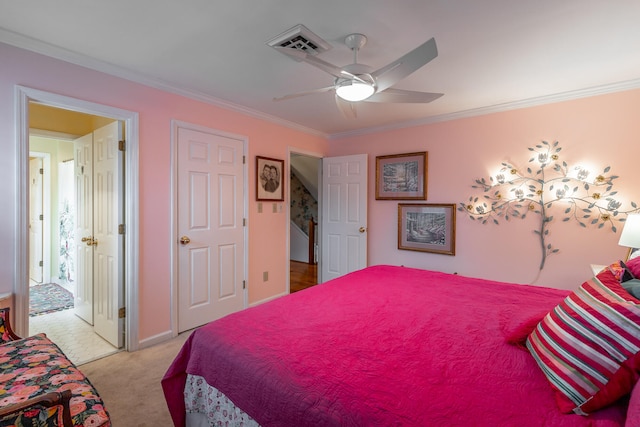 bedroom featuring light colored carpet, ceiling fan, and crown molding