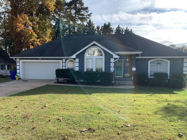 ranch-style house with a front lawn and a garage