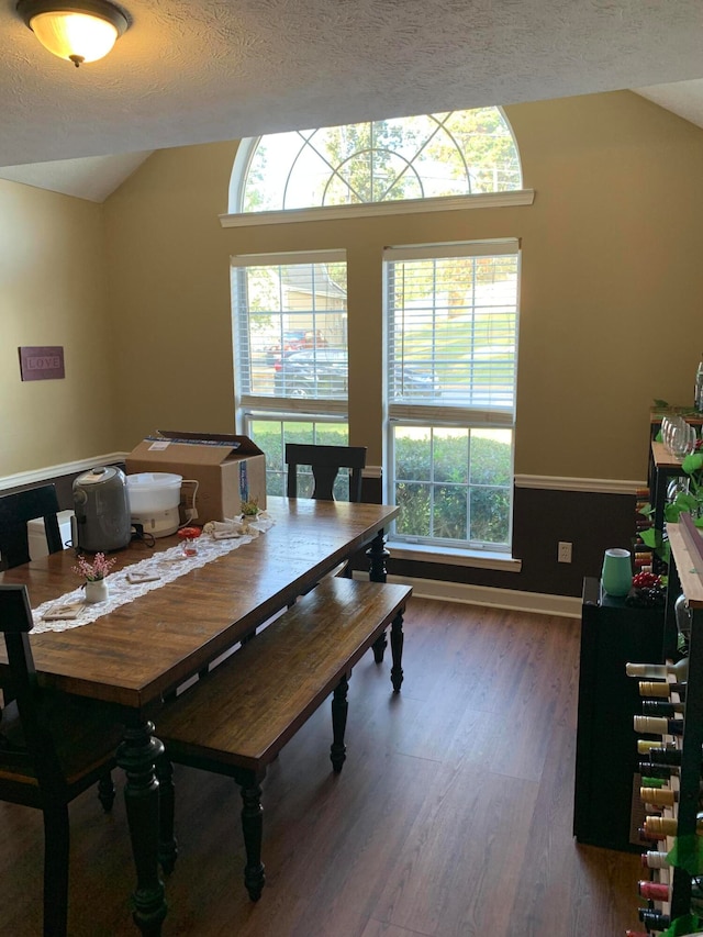 dining room featuring dark hardwood / wood-style floors, a textured ceiling, and lofted ceiling