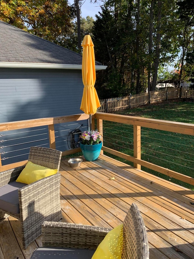 wooden deck featuring a yard