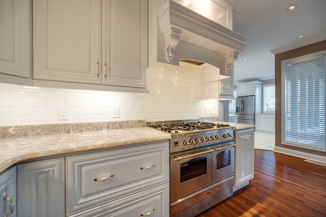 kitchen with light stone countertops, dark wood-type flooring, stainless steel appliances, decorative backsplash, and custom range hood