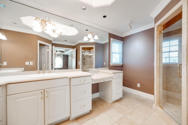 bathroom featuring plenty of natural light, a shower with shower door, and crown molding