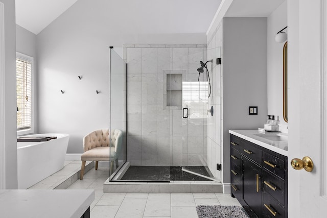 bathroom with vanity, plus walk in shower, and vaulted ceiling