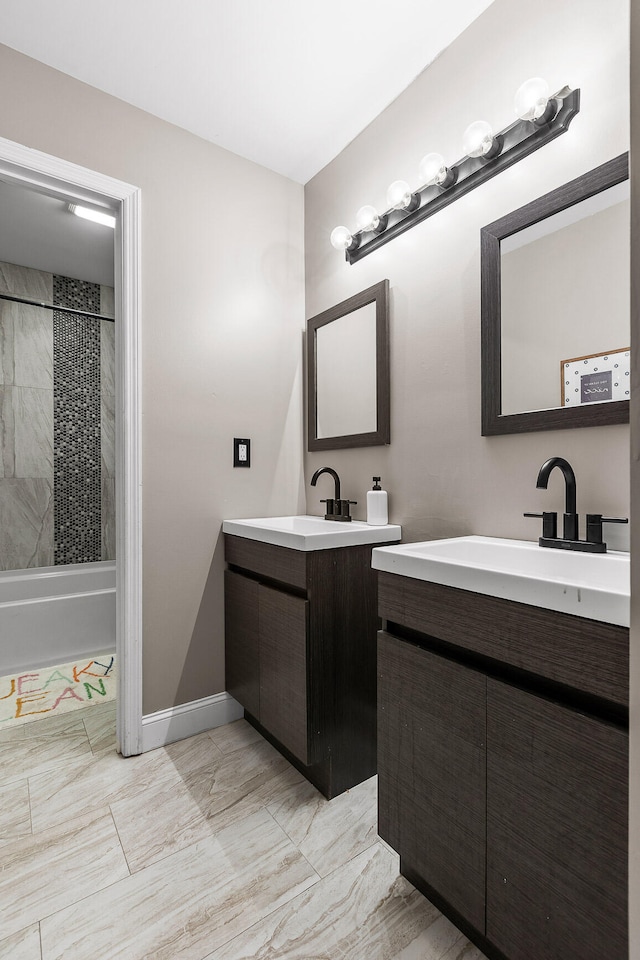 bathroom featuring vanity and a shower with shower curtain