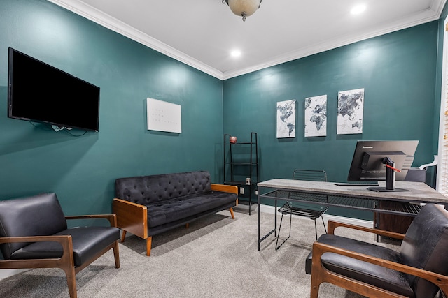 office featuring light carpet and ornamental molding