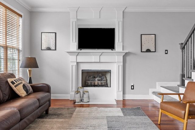 living room with dark wood-type flooring, a fireplace, and crown molding