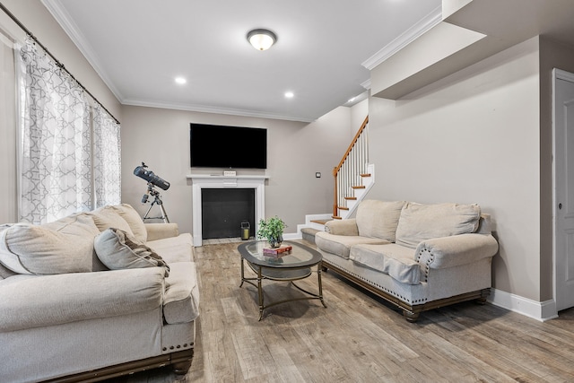 living room with hardwood / wood-style floors and crown molding