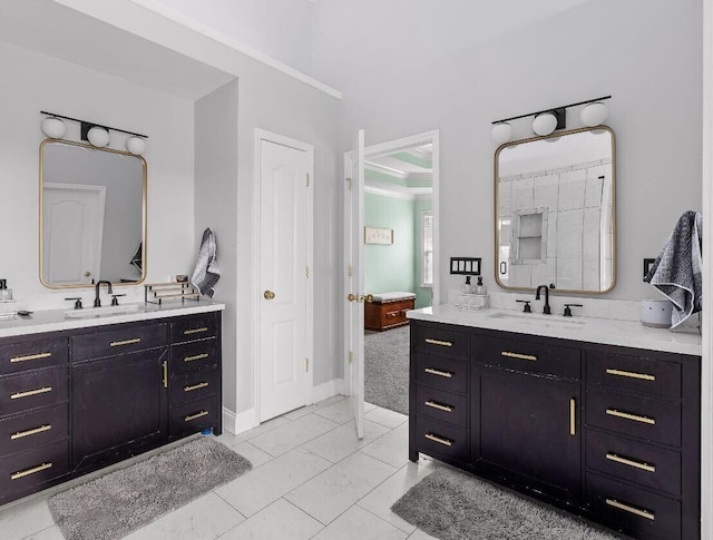 bathroom with vanity and tile patterned flooring