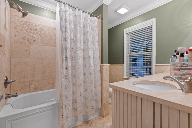 bathroom featuring tile patterned floors, tile walls, vanity, crown molding, and shower / tub combo with curtain