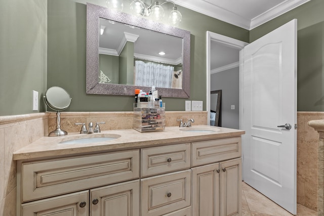 bathroom with ornamental molding, tile walls, vanity, and tile patterned floors