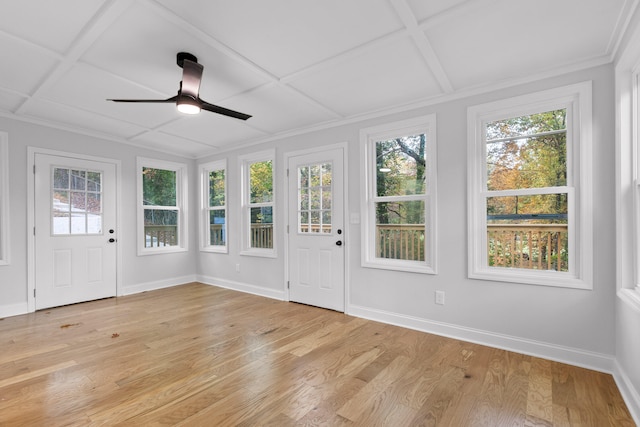 unfurnished sunroom with ceiling fan and coffered ceiling