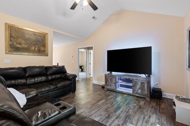 living room featuring ceiling fan, dark hardwood / wood-style floors, and vaulted ceiling