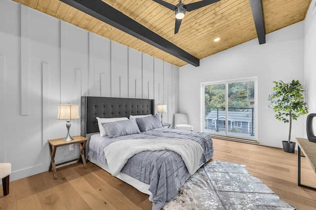 bedroom featuring ceiling fan, wooden ceiling, vaulted ceiling with beams, and light hardwood / wood-style flooring