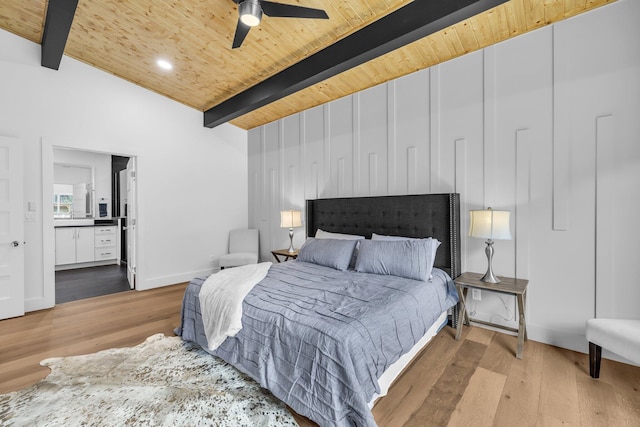 bedroom with lofted ceiling with beams, wood ceiling, wood-type flooring, and ceiling fan