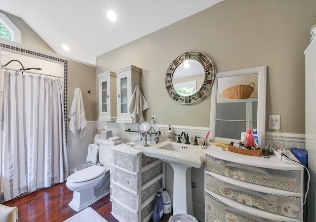 bathroom featuring toilet, vaulted ceiling, and wood-type flooring