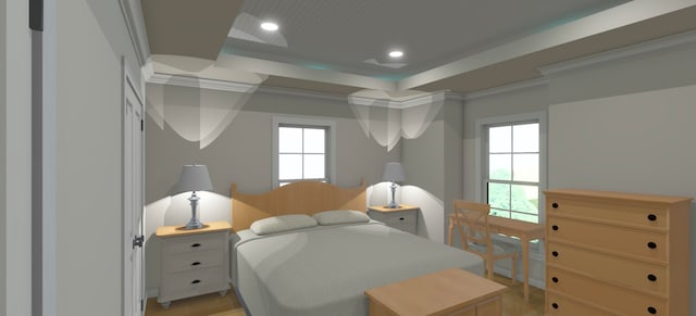 bedroom featuring a raised ceiling, multiple windows, crown molding, and light hardwood / wood-style flooring