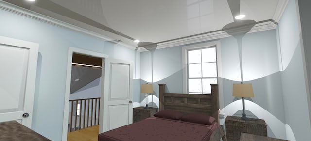 bedroom with light wood-type flooring and ornamental molding