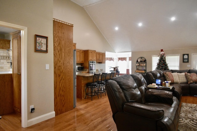 334 Belaire Dr, Copperhill, TN 37317 - living area with light wood-style flooring, healthy amount of natural light, high vaulted ceiling, and baseboards