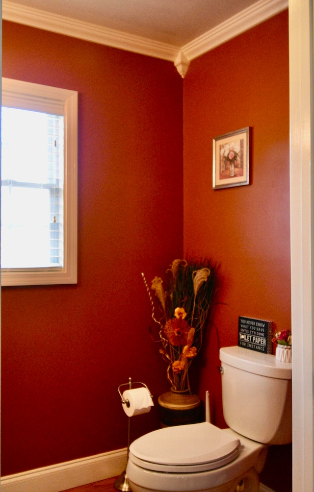 bathroom with toilet and ornamental molding