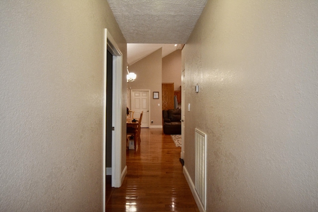 334 Belaire Dr, Copperhill, TN 37317 - hall with a textured wall, vaulted ceiling, wood-type flooring, a textured ceiling, and baseboards