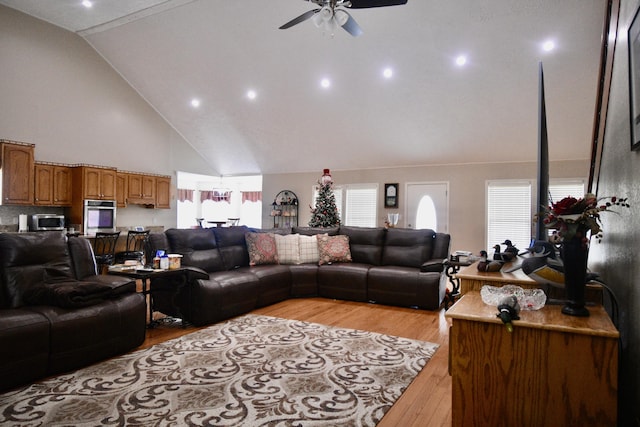 334 Belaire Dr, Copperhill, TN 37317 - living room with a ceiling fan, light wood-type flooring, high vaulted ceiling, and recessed lighting
