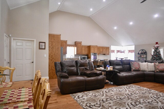 334 Belaire Dr, Copperhill, TN 37317 - living area featuring high vaulted ceiling, light wood finished floors, and recessed lighting