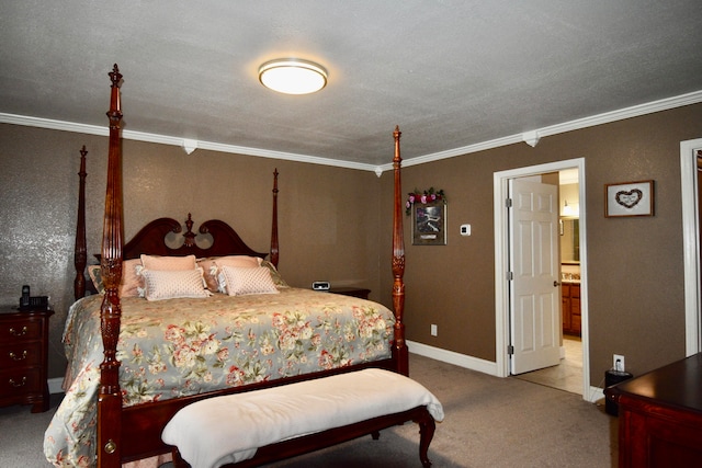 bedroom with connected bathroom, a textured ceiling, carpet flooring, and crown molding