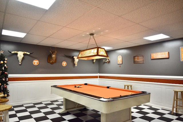 334 Belaire Dr, Copperhill, TN 37317 - rec room featuring tile patterned floors, wainscoting, a decorative wall, billiards table, and a drop ceiling