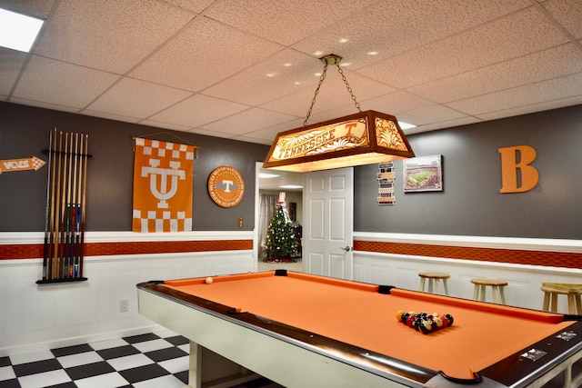 playroom featuring pool table and a drop ceiling