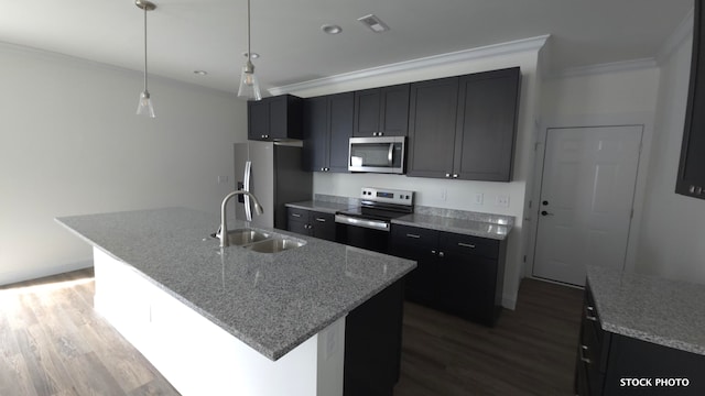 kitchen with stainless steel appliances, sink, wood-type flooring, a kitchen island with sink, and pendant lighting