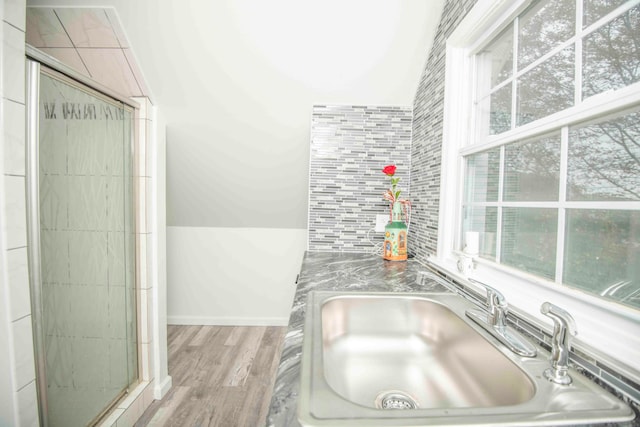 bathroom featuring a wealth of natural light, wood-type flooring, sink, and a shower with shower door