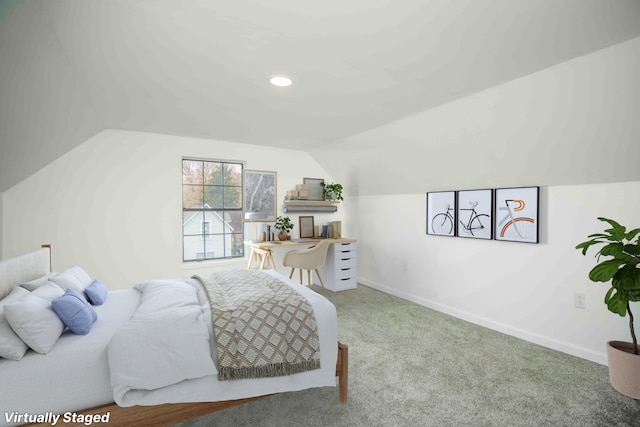 bedroom with light carpet and lofted ceiling