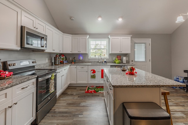 kitchen featuring white cabinetry, stainless steel appliances, lofted ceiling, and dark hardwood / wood-style floors