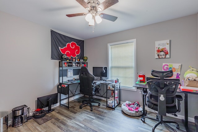 office featuring hardwood / wood-style flooring and ceiling fan